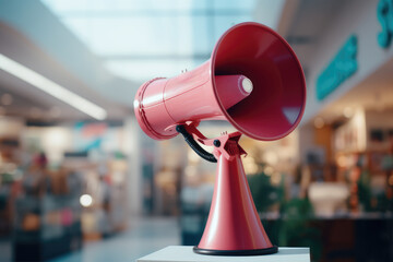 pink megaphone on a white pedestal in a shopping mall with blurred background - obrazy, fototapety, plakaty