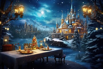  a christmas scene with a castle in the background and a table in the foreground with a lit candle and a christmas tree in the foreground with snow on the ground.