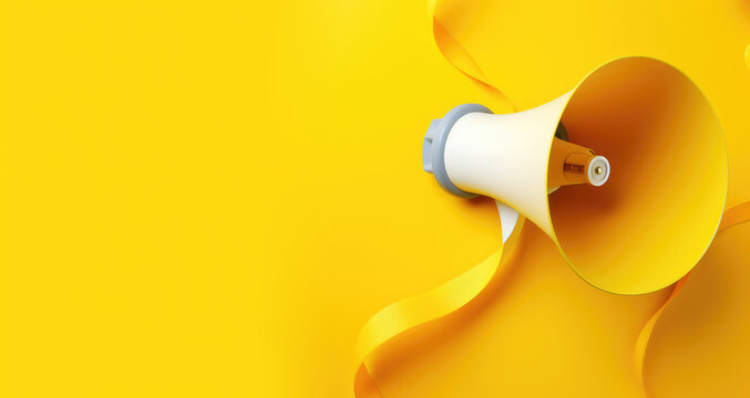 bright yellow background with a megaphone and ribbon, representing communication and announcements
