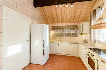 interior apartment kitchen and dining room, refectory area, cooking equipment, table furniture, stove