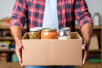Volunteer holding food in a donation cardboard box, isolated in a white background. Delivery of products - obrazy, fototapety, plakaty
