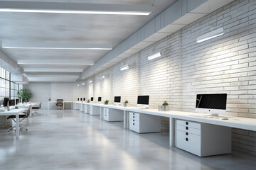 White brick open space office interior with a concrete floor, a blank wall fragment and a