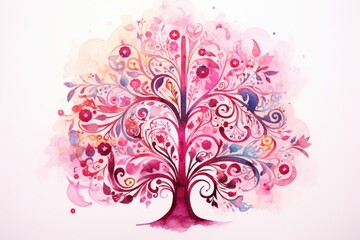  a watercolor painting of a pink tree with swirls and leaves on a white background with a pink background and a white background with a pink and blue border.