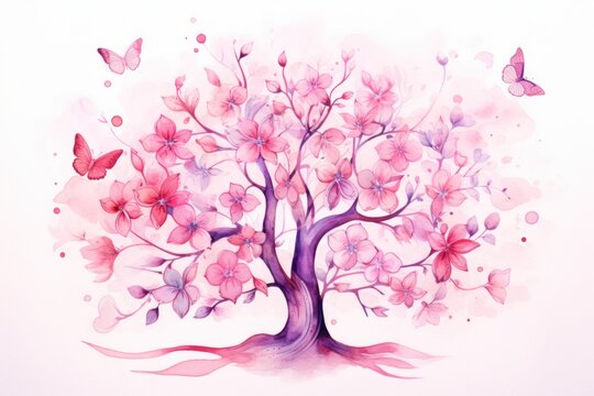  a watercolor painting of a tree with pink flowers and butterflies on a light pink background with a pink ribbon in the foreground and a pink butterfly in the middle.