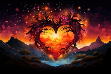  a painting of a heart shaped tree in the middle of a field with mountains in the background and stars in the sky in the middle of the middle of the heart.