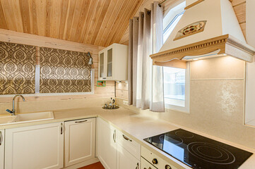 interior apartment kitchen and dining room, refectory area, cooking equipment, table furniture, stove