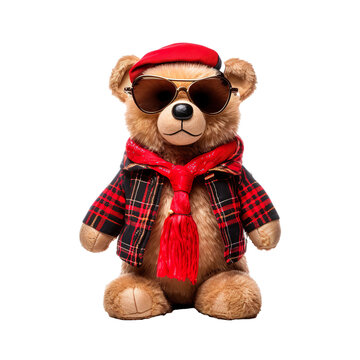 photo of a cool teddy bear wearing sunglasses and hat dressed for the upcoming christmas theme isolated on white background PNG