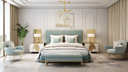 gold and white bedroom with a bed and lamp, light blue and light indigo