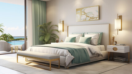 The gold and white bedroom with a bed and lamp, light blue and light indigo
