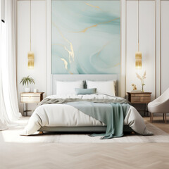 gold and white bedroom with a bed and lamp