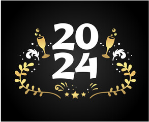 Happy New Year 2024 Holiday Abstract Gold And White Graphic Design Vector Logo Symbol Illustration With Black Background