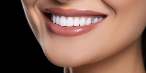 Obraz premium Banner with close-up of a beautiful smiling woman with white perfect teeth isolated on dark black.