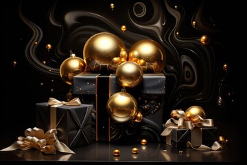 Elegant Christmas gifts and golden baubles amidst swirling dark patterns creating a luxurious holiday atmosphere