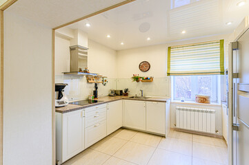 interior apartment kitchen and dining room, refectory area, cooking equipment, table furniture, stove