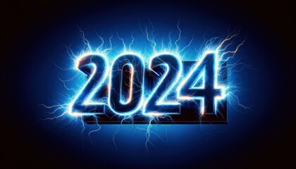 2024 Lettering Number for Happy New Year with Lightning Electric Style. Light Blue on Dark Background