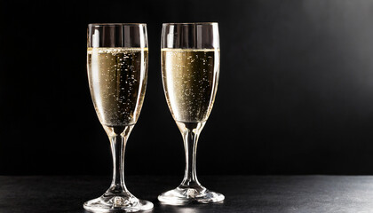 Two champagne glasses on a black background