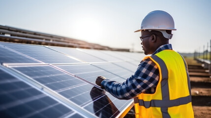 American black engineer working in the solar panel construction site - Powered by Adobe