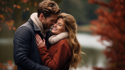 Fototapeta premium couple hugging at outside in the winter autumn