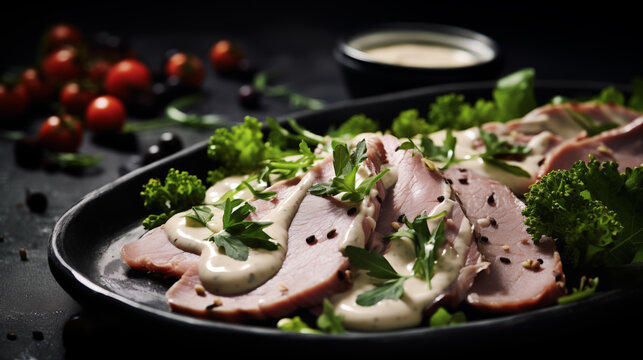 delicious Italian vitello tonnato  modern food photography in rustic style . in detail