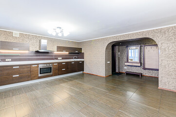 interior apartment kitchen and dining room, refectory area, cooking equipment, table furniture, stove