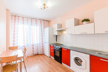 interior apartment kitchen and dining room, refectory area, cooking equipment, table furniture, stove