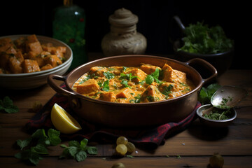 Paneer Butter Masala or Cheese Cottage Curry in serving a bowl or pan, served with or without roti and rice