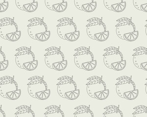 Seamless pattern of orange with leaves and piece of orange. Line art. Plants used in cosmetics.