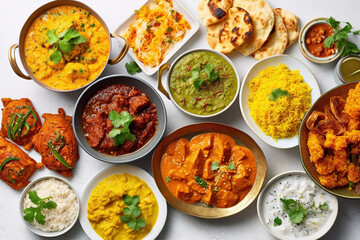 Indian ethnic food buffet on white concrete table from above: curry, samosa, rice biryani, dal,...