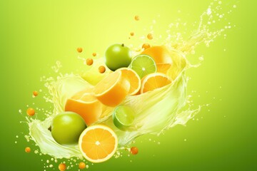  oranges, limes, and limes are splashing out of a glass of orange juice on a green background with a splash of water on the surface.