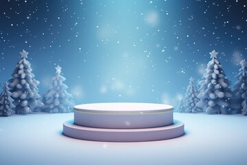 Merry Christmas banner with stage product display cylindrical shape and festive decoration for Christmas, snow background, promotion display, 3D rendering product display platform.