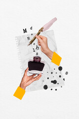 Composite collage picture image of hands hold feather ink pot letters vintage novel writing surrealism template metaphor artwork concept
