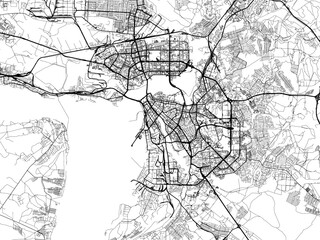 Vector road map of the city of Kazan in the Russian Federation with black roads on a white background.