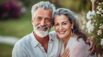 Elderly bliss unfolds as a joyful couple embraces nature at home.