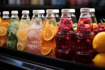  a row of glass bottles filled with different types of fruit and veggies next to lemons, raspberries, raspberries, and lemons. - obrazy, fototapety, plakaty