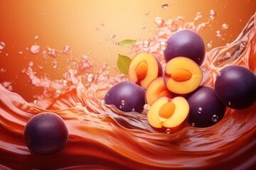  a group of plums floating on top of a body of water with a splash of water on the top of the image and a green leaf on the bottom of the image.