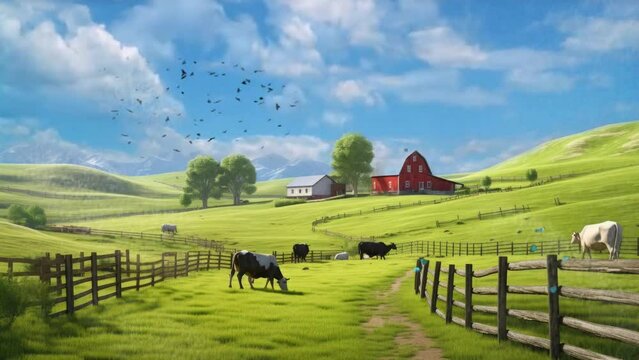 landscape with field and blue sky with cartoon  illustration style. seamless looping video animated background	