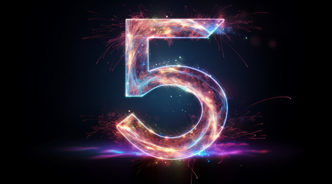 A glowing number five, 5 with a star-filled cosmic backdrop.	