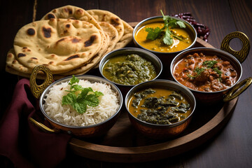 Group of Indian food like Palak Paneer Butter Masala, Choley/chola and Black Eyed Kidney Beans curry with Naan and Rice - obrazy, fototapety, plakaty