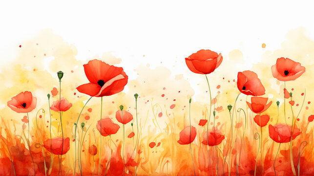 A field of poppies in watercolor, clipart