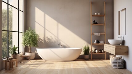 Attic interior with white walls, wooden floors and a white bathtub with a towel standing under the windows. A door in the wall and two toilets. 3D rendering