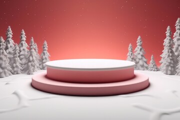 Merry Christmas banner with stage product display cylindrical shape and festive decoration for Christmas, snow background, promotion display, 3D rendering product display platform.