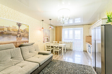 interior apartment kitchen and dining room, refectory area, cooking equipment, table furniture, stove