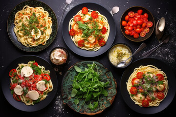 Full table of italian meals on plates Pizza, pasta, ravioli, carpaccio. caprese salad and tomato bruschetta on black background. Top view