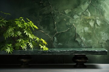  a green marble bench in front of a green wall with a green plant in the corner of the room on the right side of the bench is a black table.
