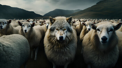 A Wolf In Sheep's Clothing - A wolf among dozens of sheep - obrazy, fototapety, plakaty