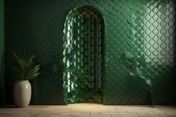  a room with a green wall and a white vase with a green leafy pattern on it and a white vase with a green plant in the corner of the room.