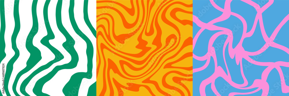 Poster set of wavy trippy patterns in duotone psychedelic colors. abstract swirl backgrounds. 1970 aestheti