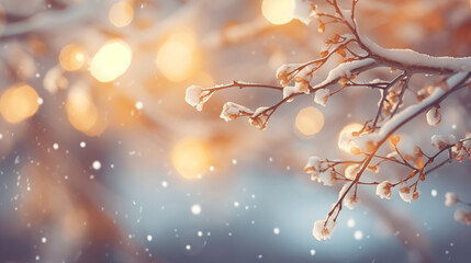 Fototapeta premium Lighting on branches with snow with copy space.
