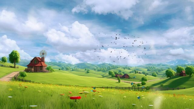 landscape with field and blue sky with cartoon  illustration style. seamless looping video animated background	