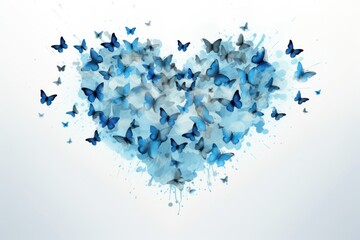  a group of blue butterflies in the shape of a heart on a white background with a splash of paint on the bottom half of the image and bottom half of the heart.